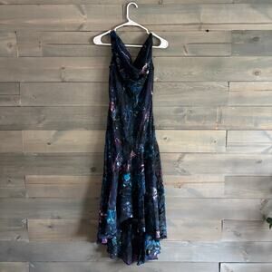 ALEX EVENINGS | Beaded Maxi Dress Abstract Print Asymmetric Ruffle Hem Sz 4 P